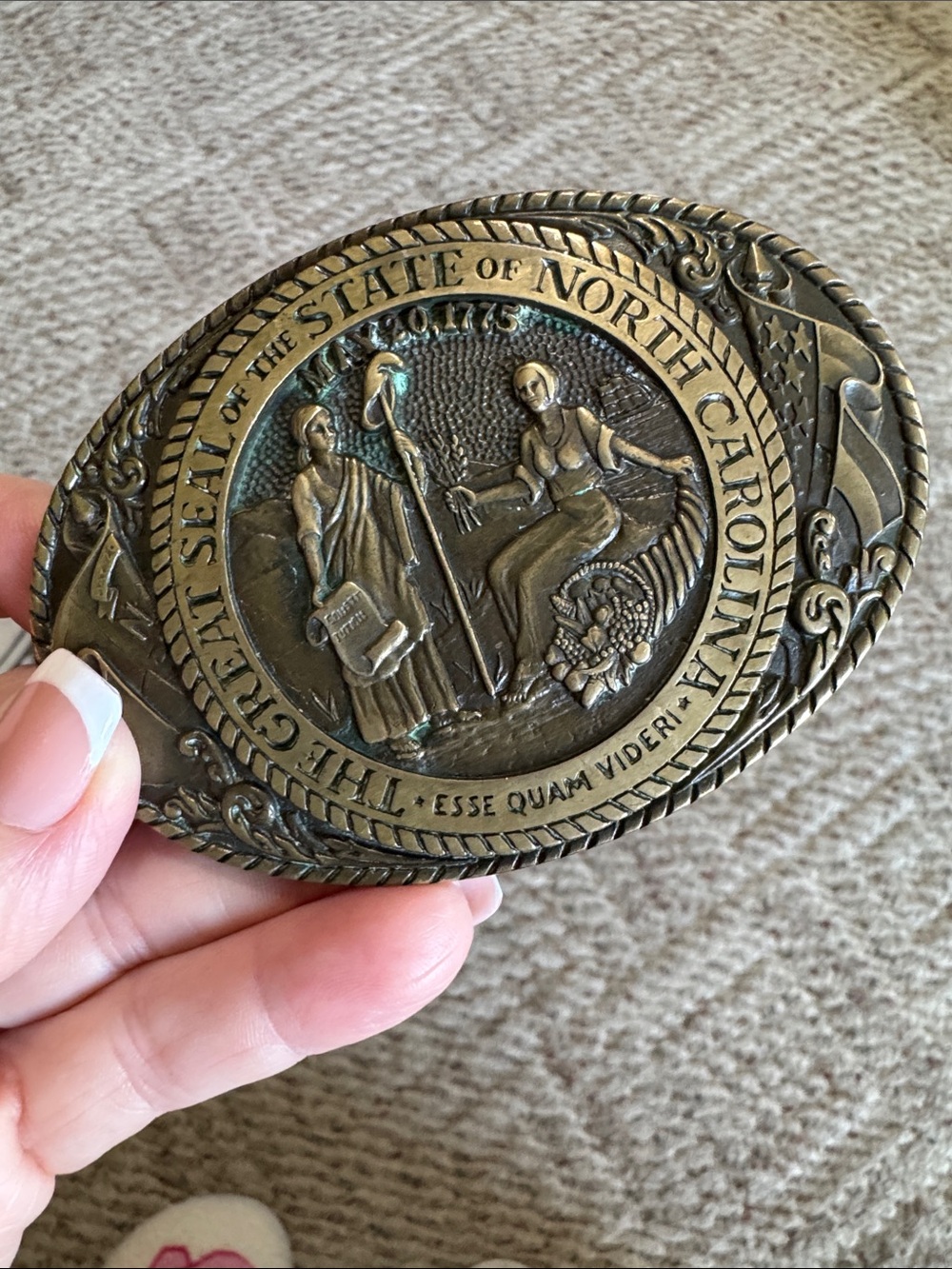 Antique Brass-Tone North Carolina State Seal Belt Buckle